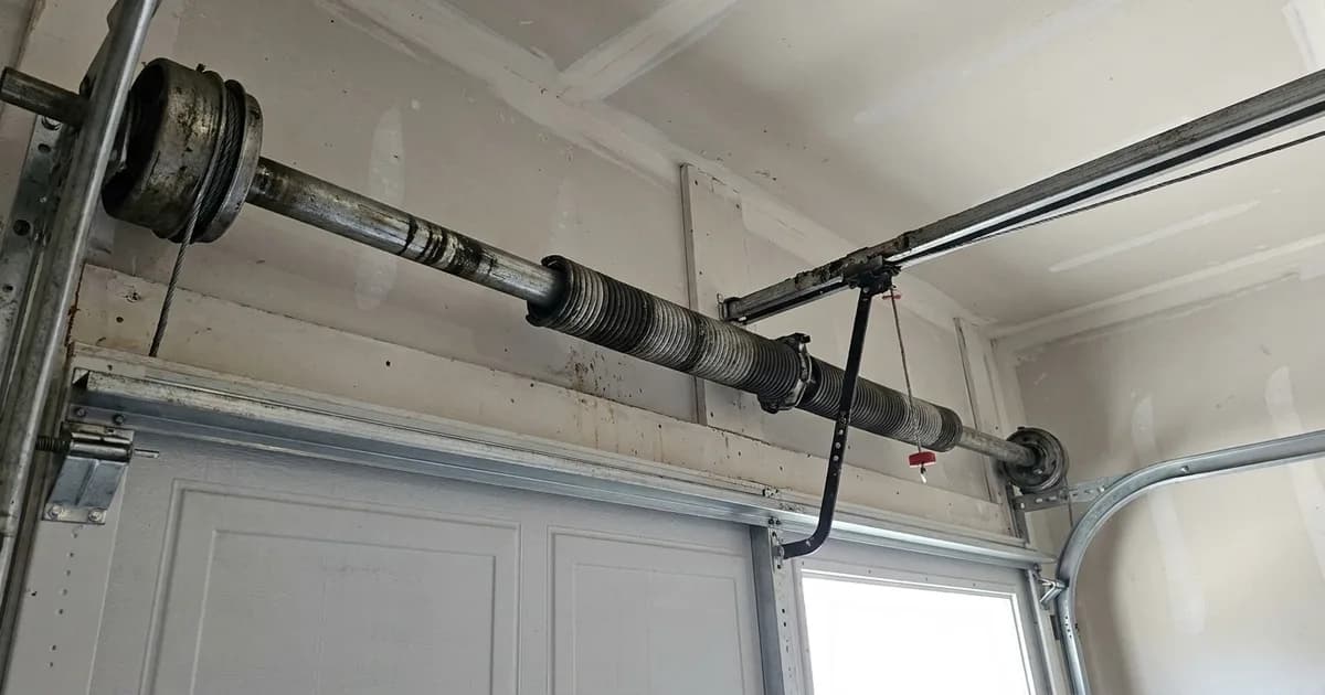 Interior view of garage door torsion springs in an Aurora, Ontario garage